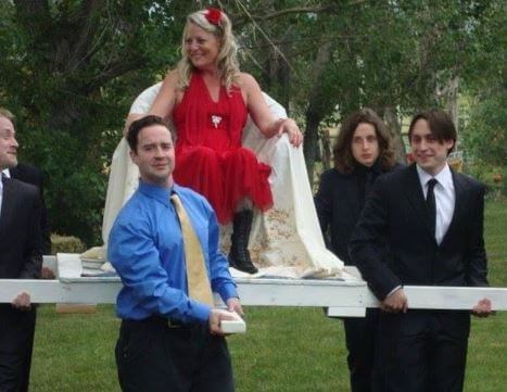 Christian Culkin and his brothers Rory, Kieran and Macaulay Culkin carrying their mother Patricia Brentrup at Shane Culkin wedding.